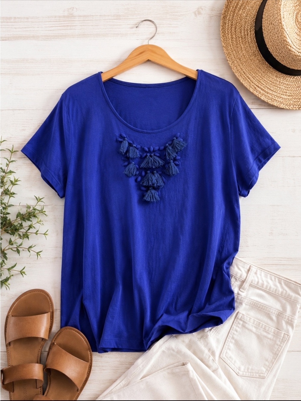 Soft Surroundings Royal Blue Tassel Embellished Scoop Neck Tee Women’s L